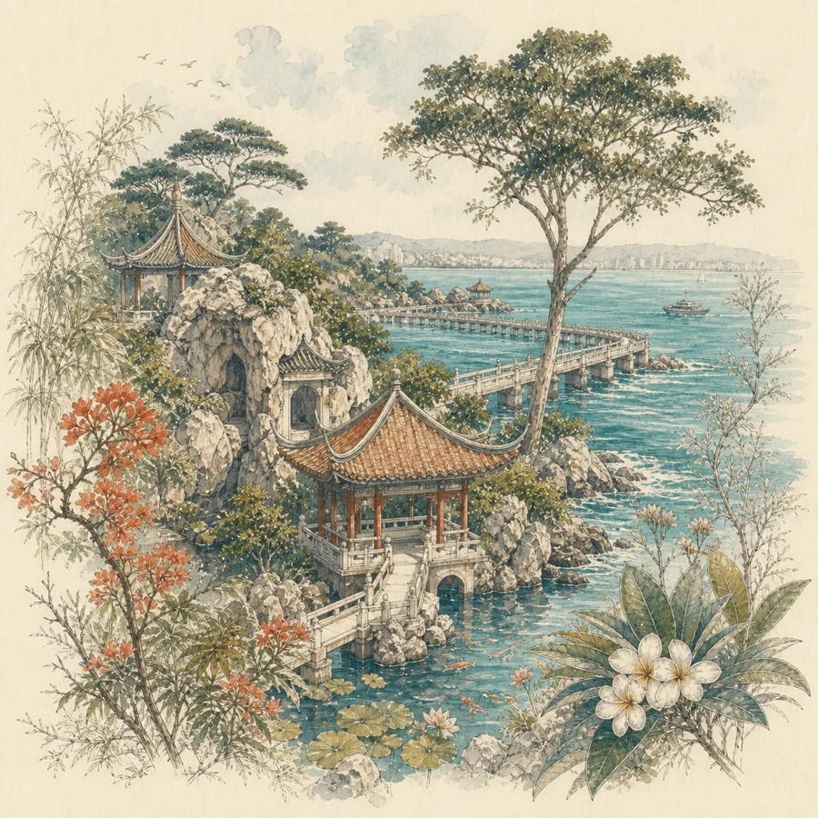 菽庄花园手绘插画