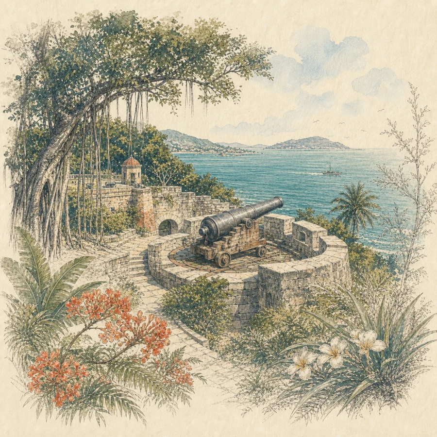 胡里山炮台手绘插画