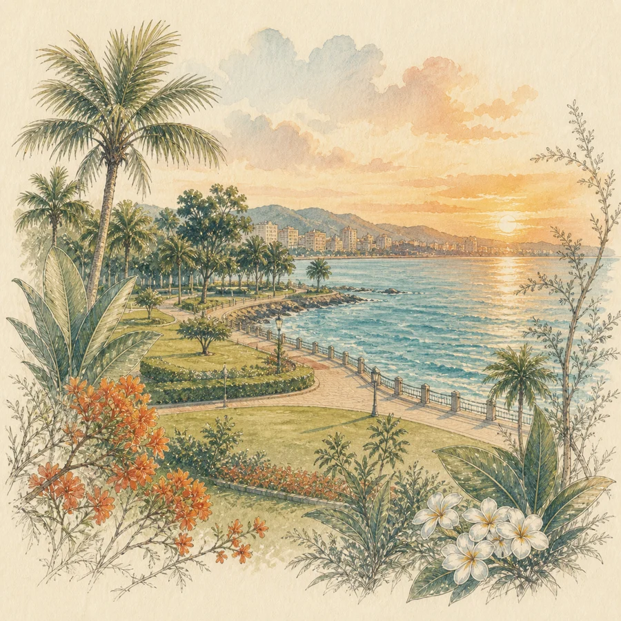 海湾公园手绘插画