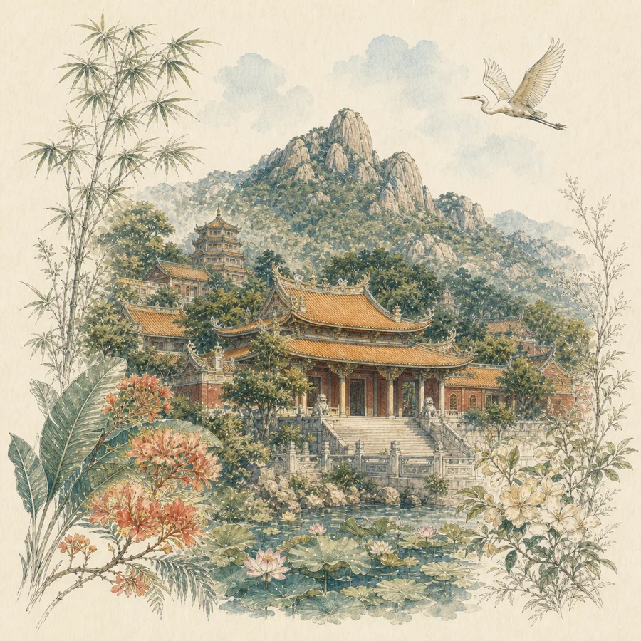 南普陀寺手绘插画