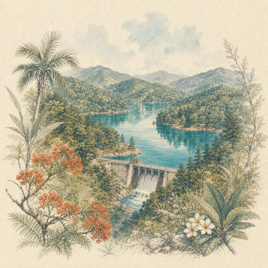 汀溪水库手绘插画