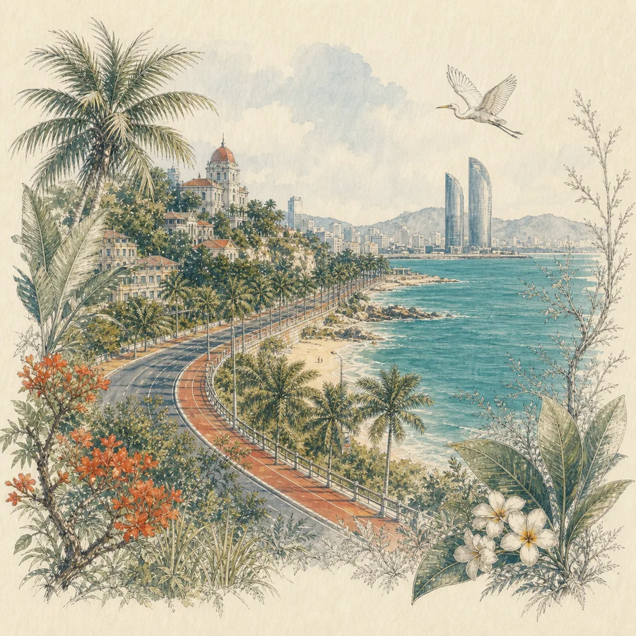 环岛路手绘插画