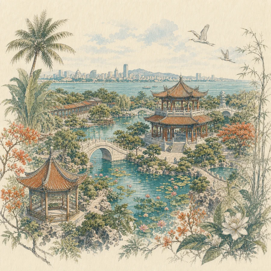 园博苑手绘插画