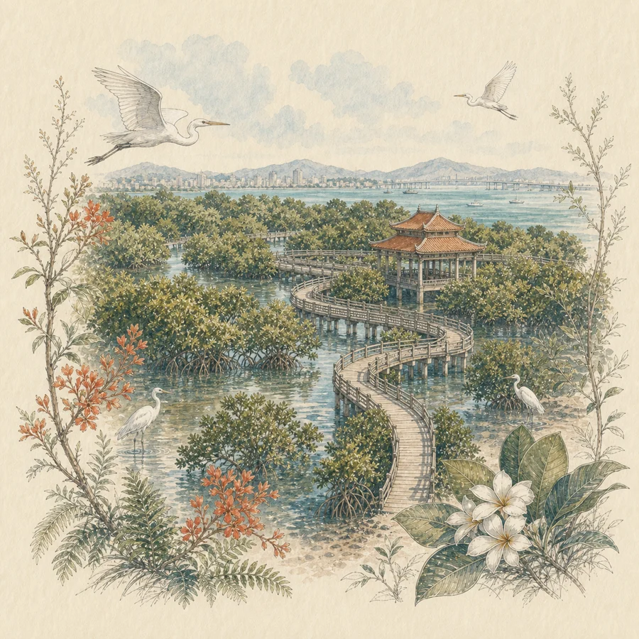 下潭尾红树林公园手绘插画