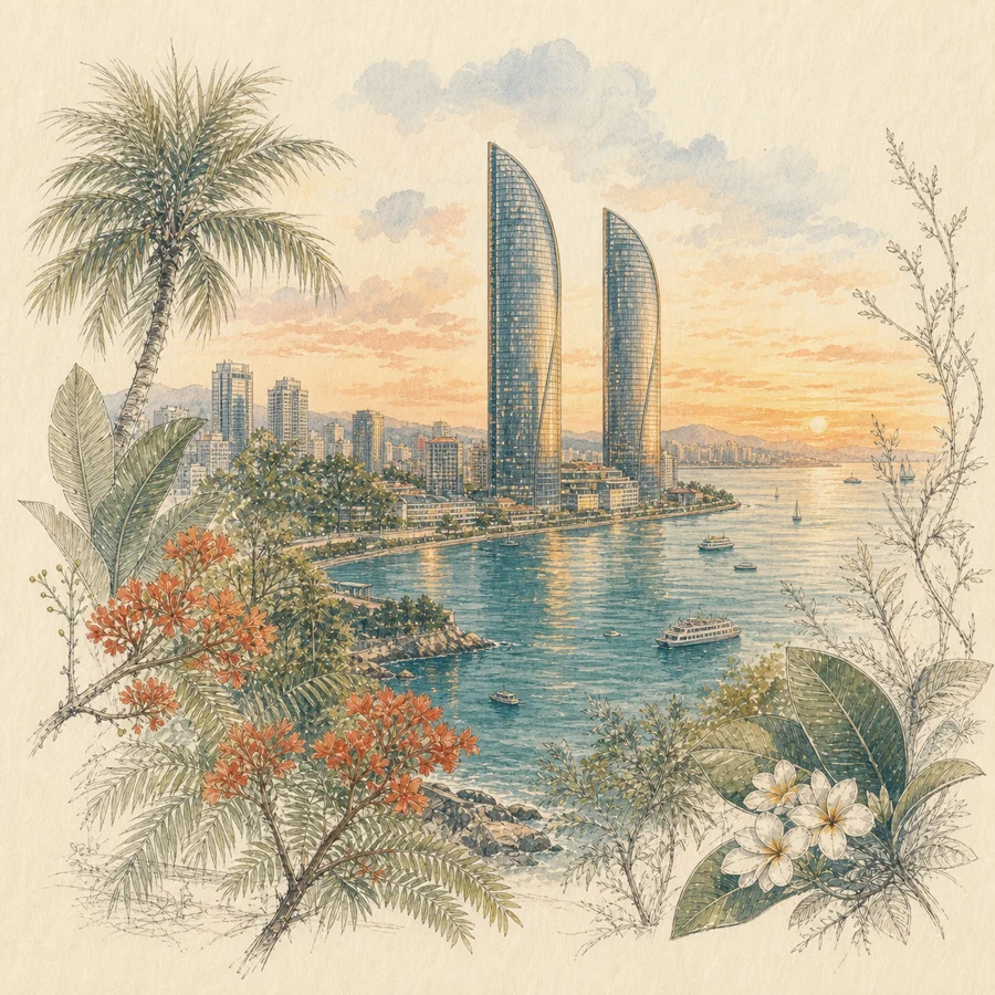 厦门双子塔手绘插画