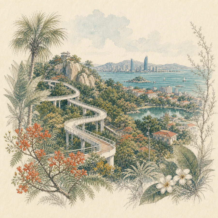 山海健康步道手绘插画