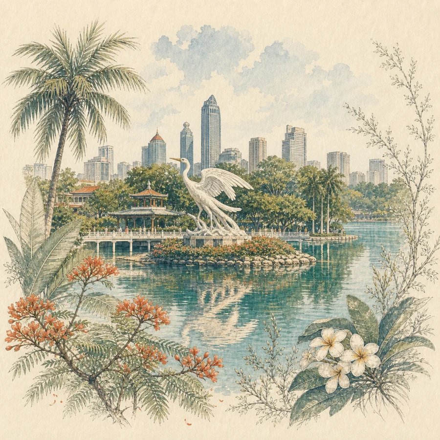 白鹭洲公园手绘插画