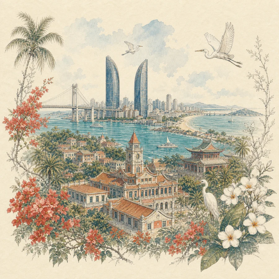 厦门城市全景手绘插画